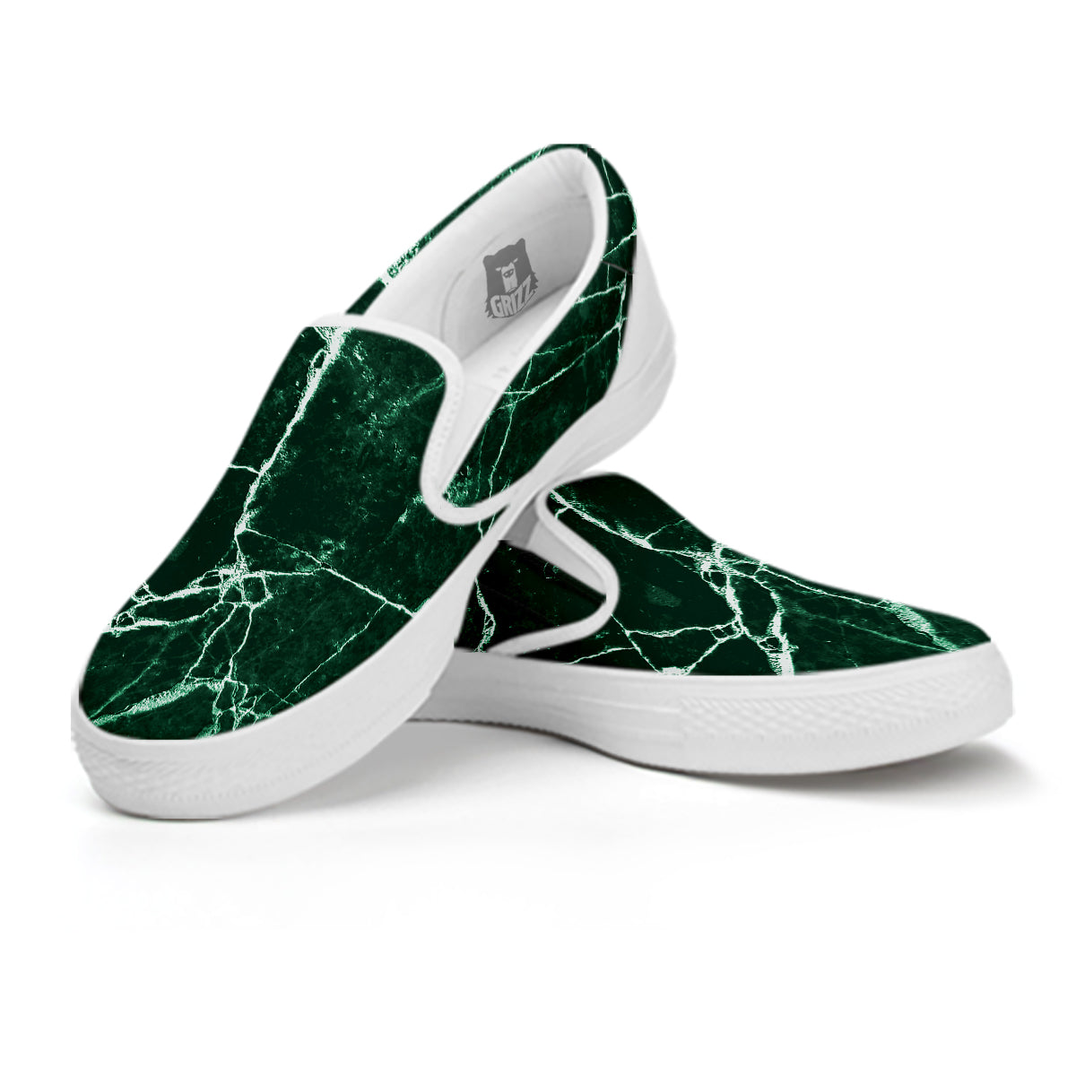 White And Dark Green Marble Texture Print White Slip On Shoes-grizzshop