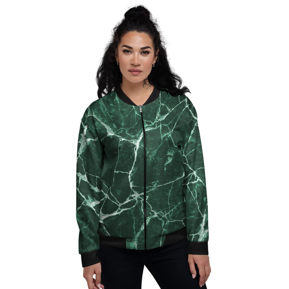 White And Dark Green Marble Texture Print Women's Bomber Jacket-grizzshop