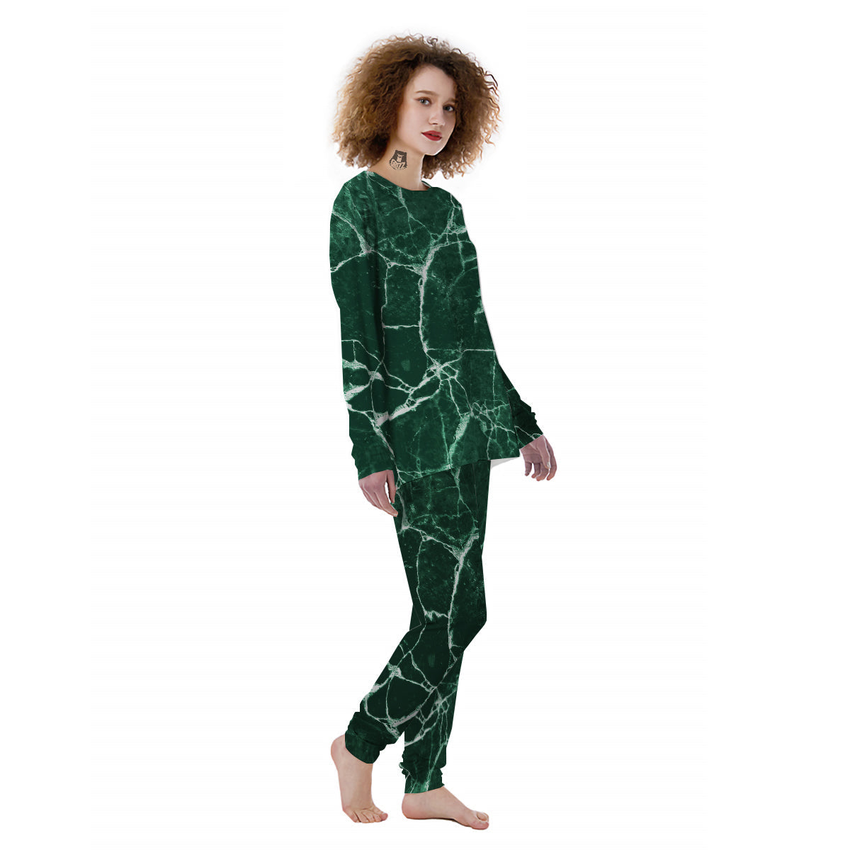 White And Dark Green Marble Texture Print Women's Pajamas-grizzshop