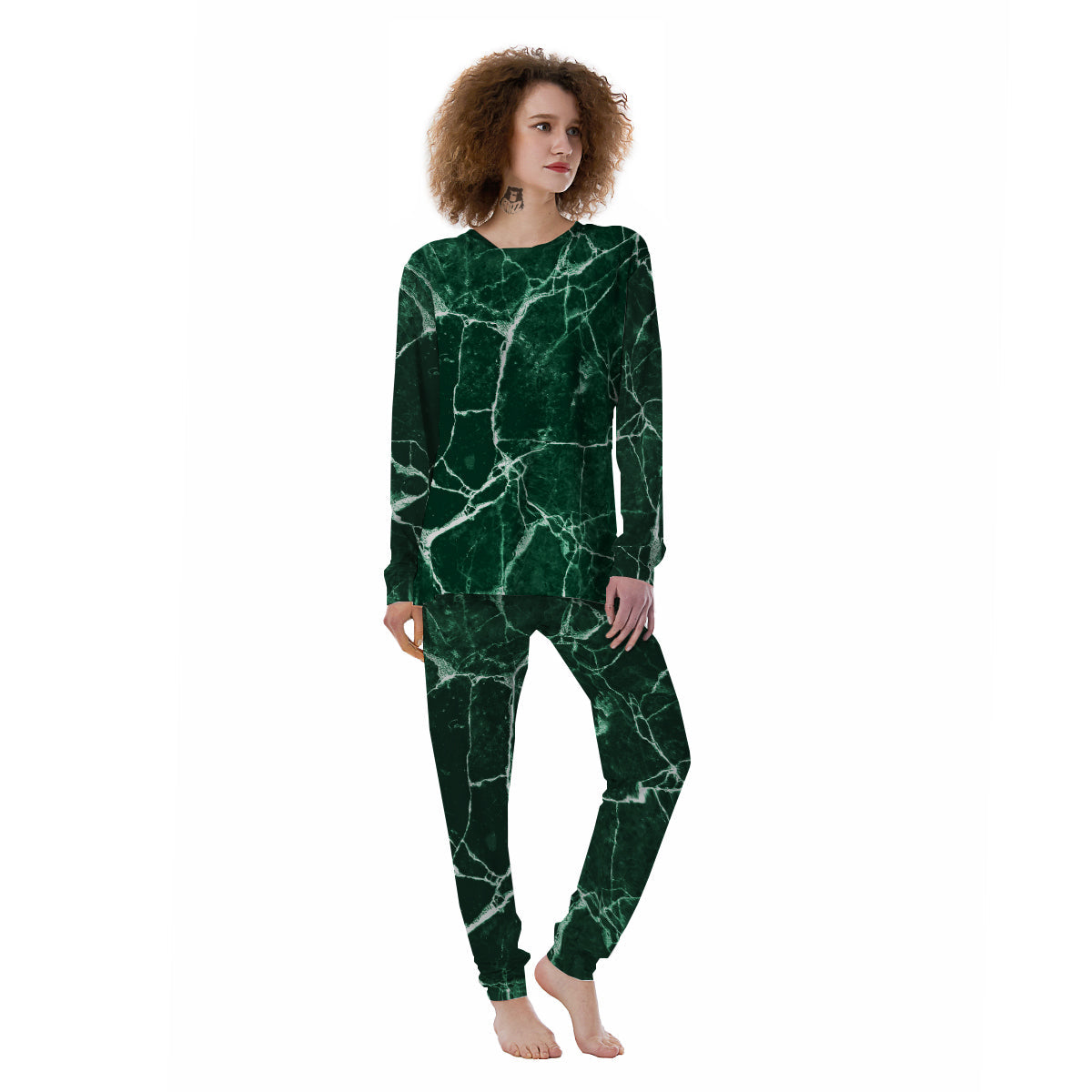 White And Dark Green Marble Texture Print Women's Pajamas-grizzshop