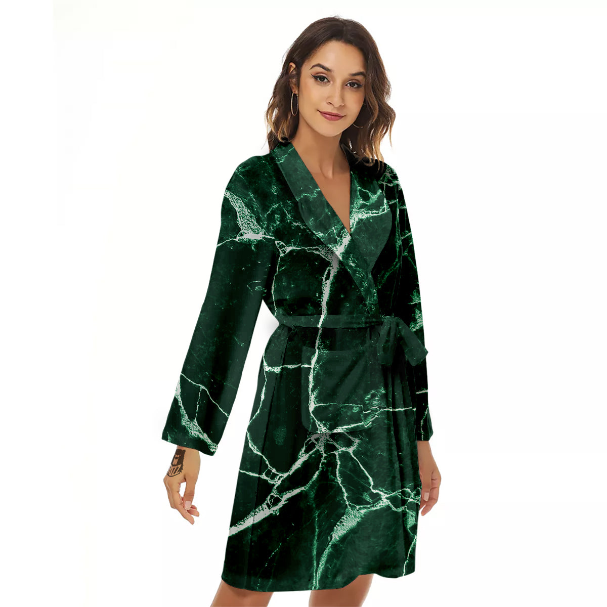 White And Dark Green Marble Texture Print Women's Robe-grizzshop