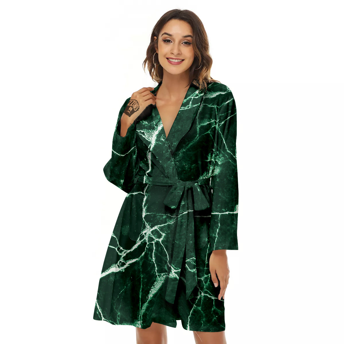 White And Dark Green Marble Texture Print Women's Robe-grizzshop