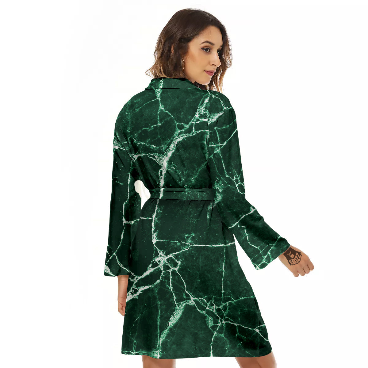 White And Dark Green Marble Texture Print Women's Robe-grizzshop