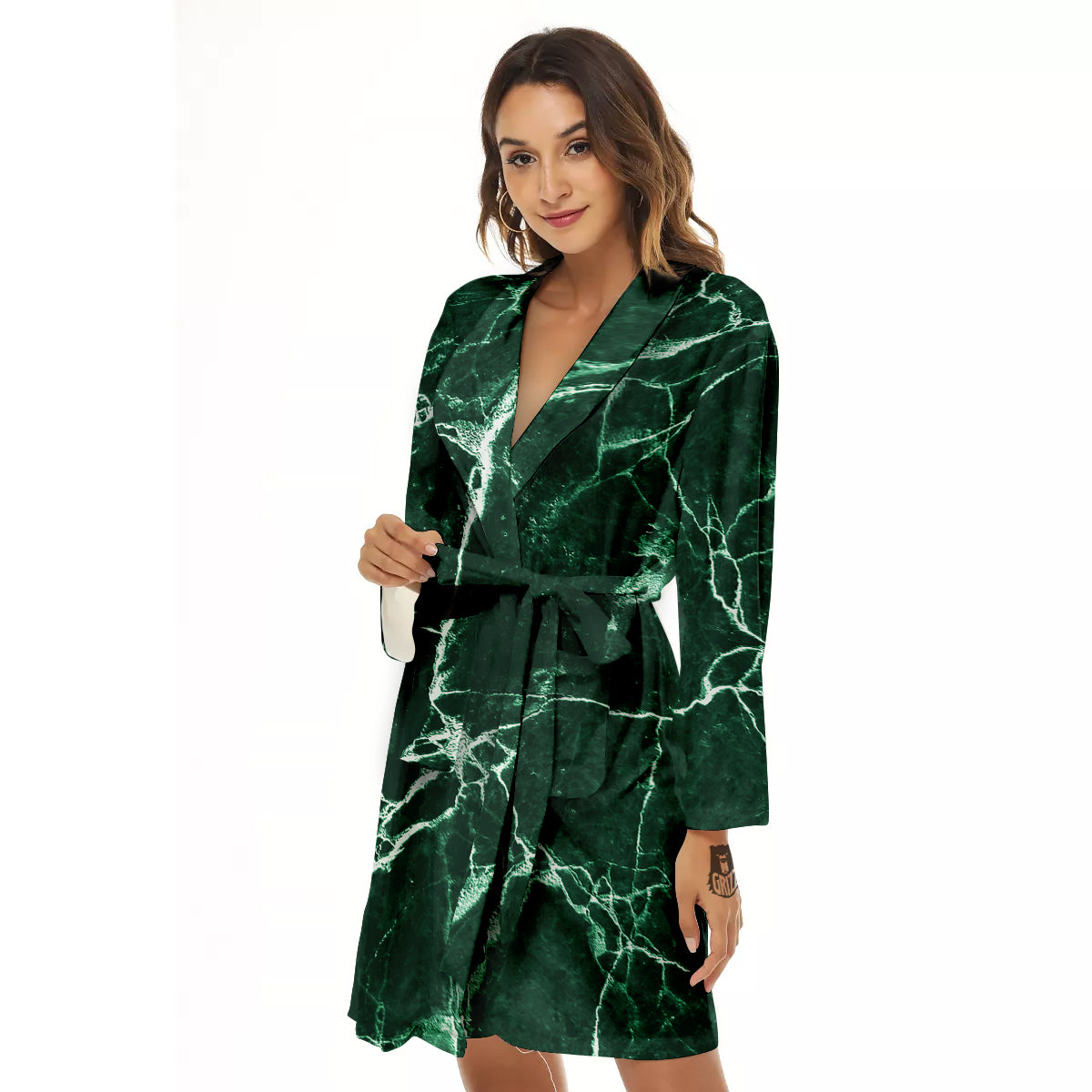 White And Dark Green Marble Texture Print Women's Robe
