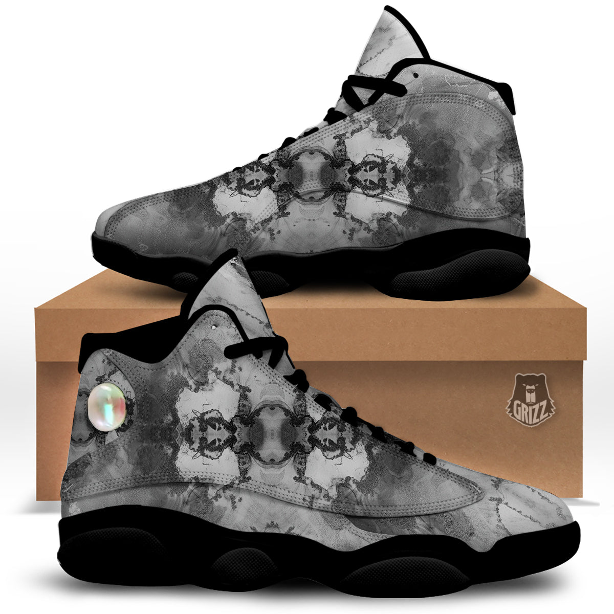 White And Dark Grey Marble Print Pattern Black Basketball Shoes-grizzshop