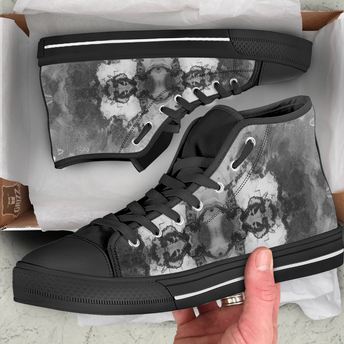 White And Dark Grey Marble Print Pattern Black High Top Shoes-grizzshop