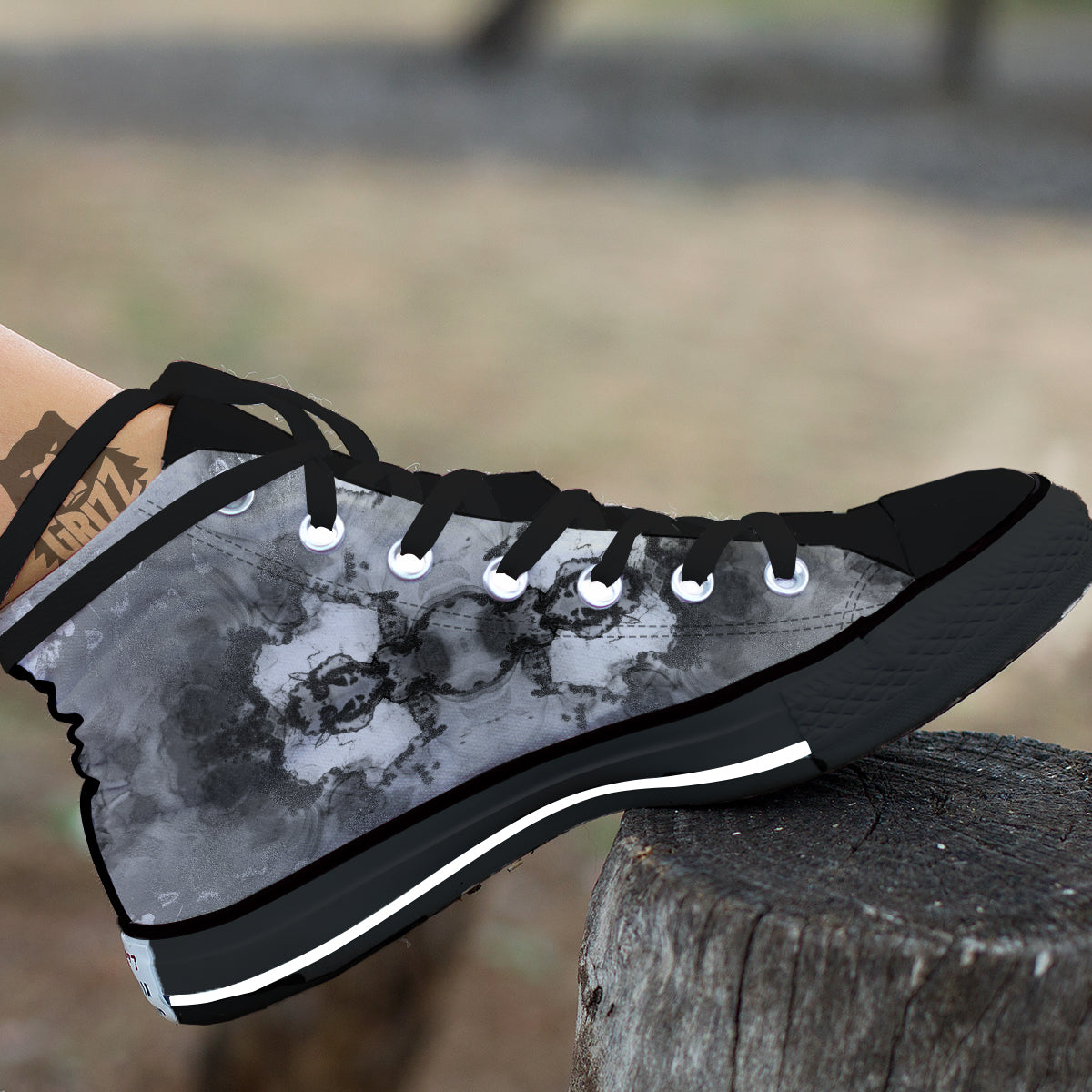 White And Dark Grey Marble Print Pattern Black High Top Shoes-grizzshop