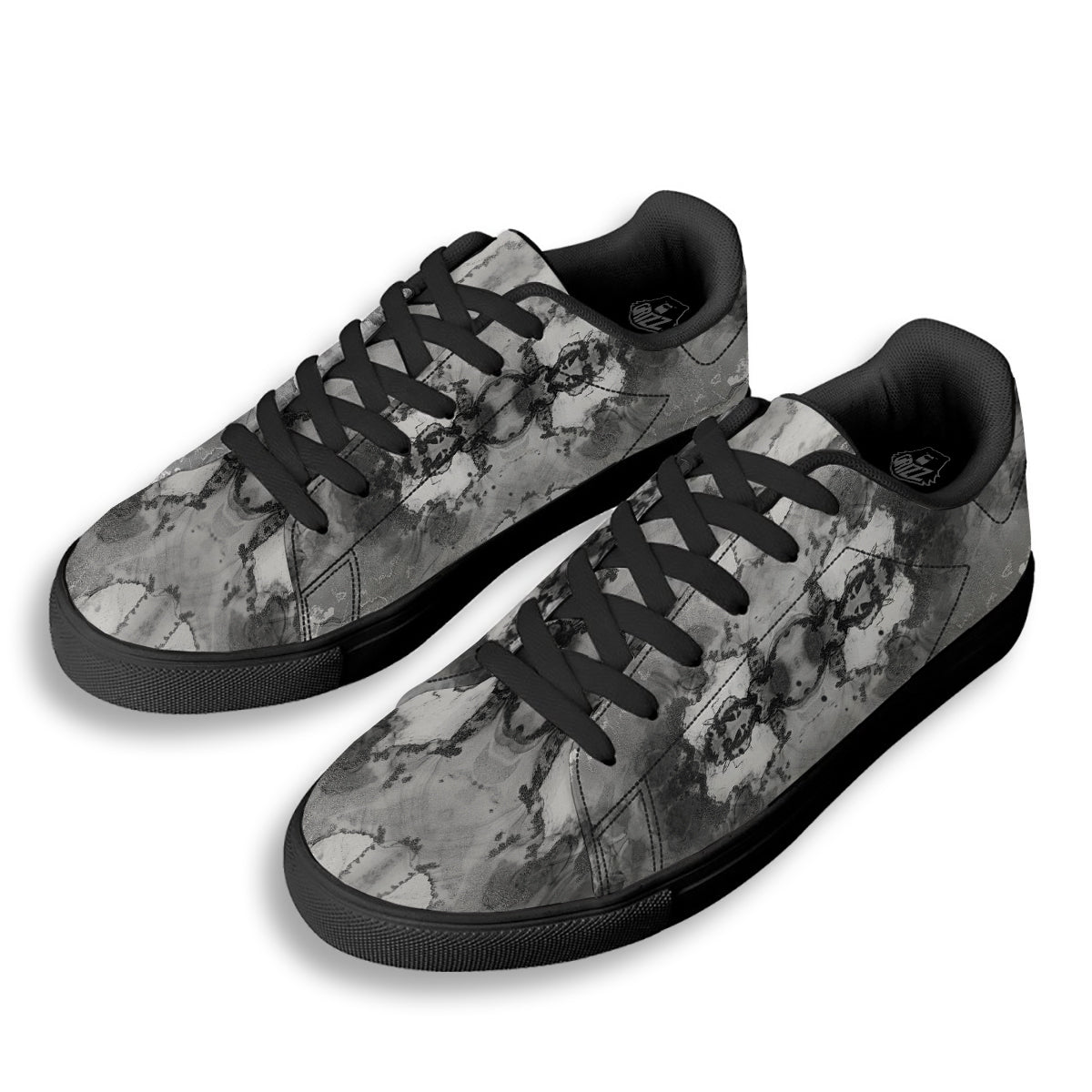 White And Dark Grey Marble Print Pattern Black Low Top Sneakers-grizzshop