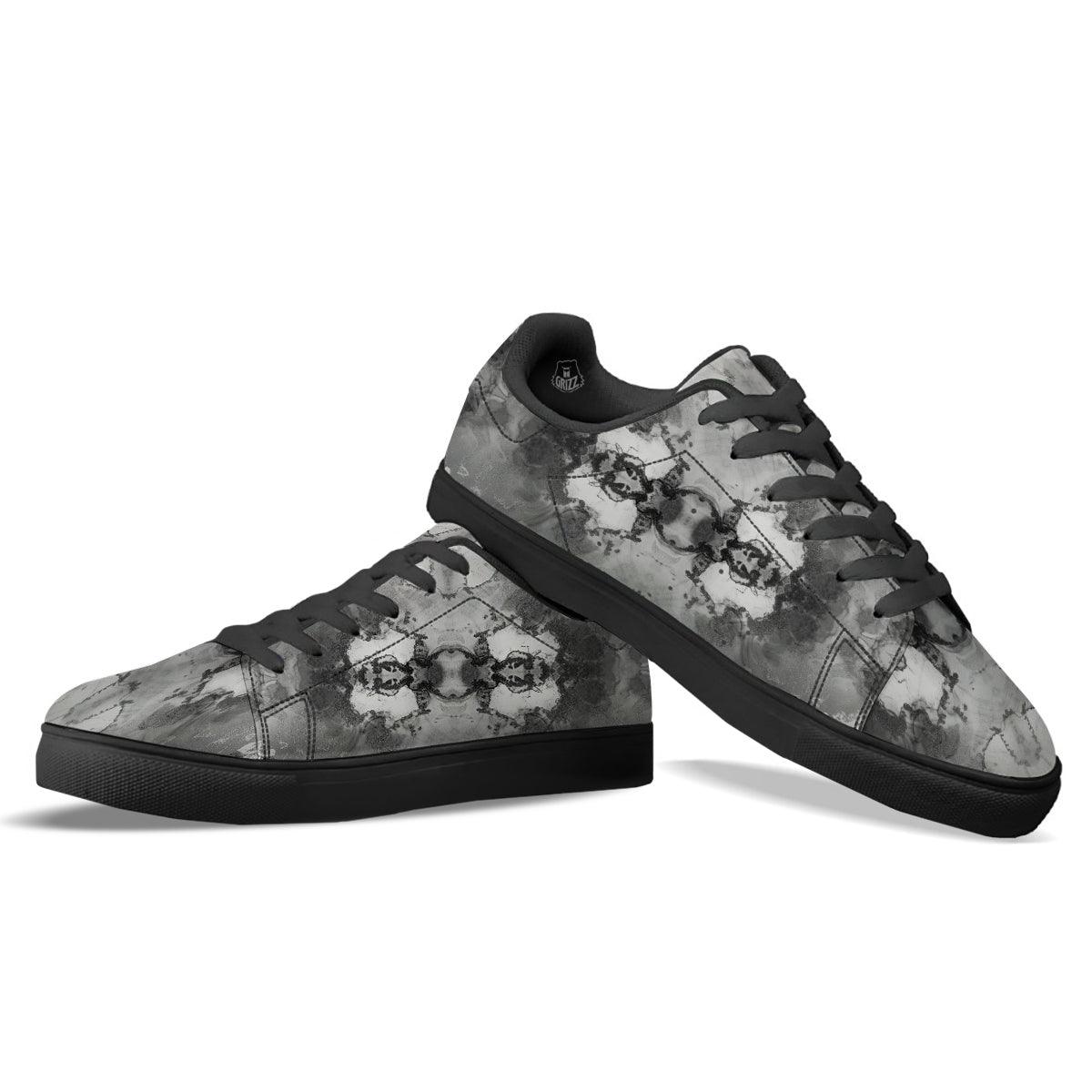 White And Dark Grey Marble Print Pattern Black Low Top Sneakers-grizzshop