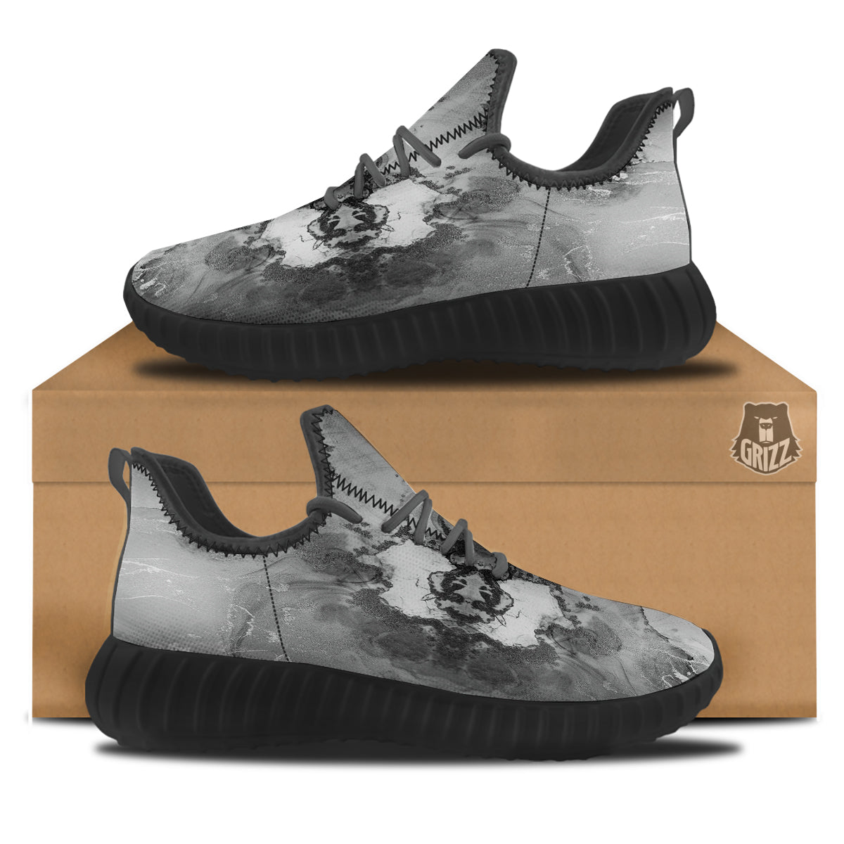 White And Dark Grey Marble Print Pattern Black Walking Shoes-grizzshop