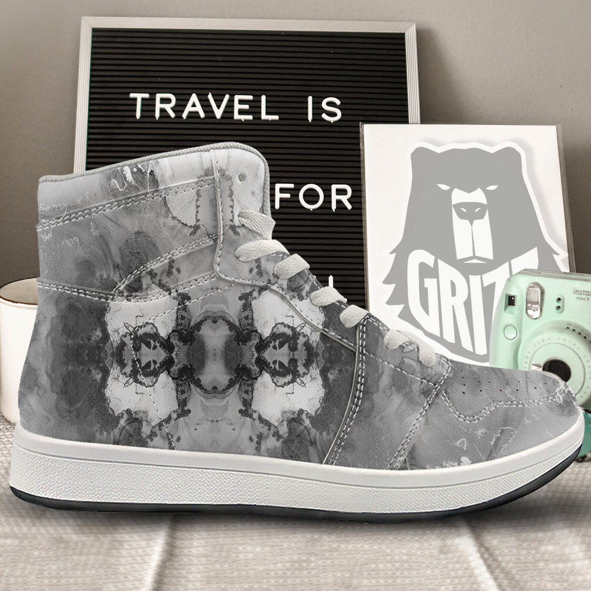 White And Dark Grey Marble Print Pattern High Top Sneakers-grizzshop