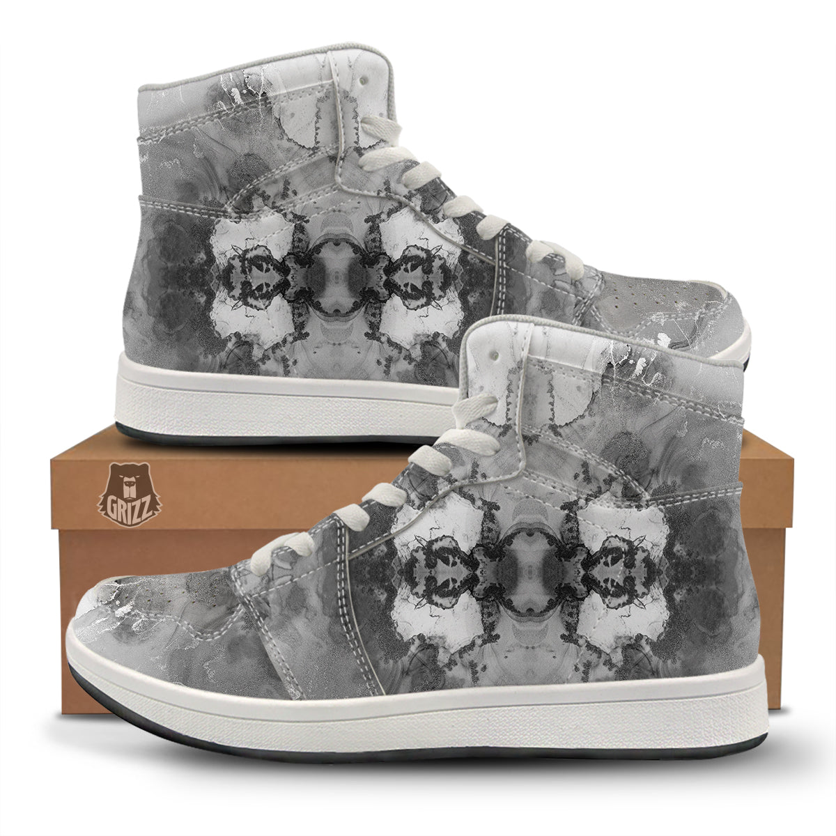 White And Dark Grey Marble Print Pattern High Top Sneakers-grizzshop