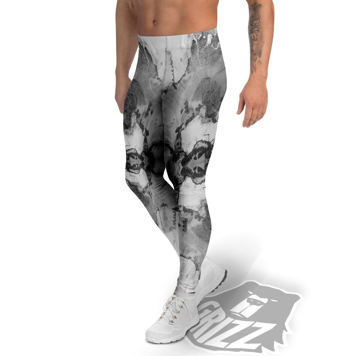 White And Dark Grey Marble Print Pattern Men's Leggings-grizzshop