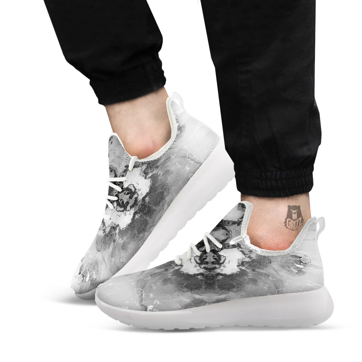 White And Dark Grey Marble Print Pattern White Athletic Shoes-grizzshop