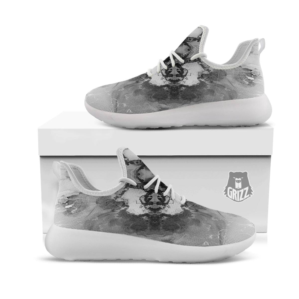 White And Dark Grey Marble Print Pattern White Athletic Shoes-grizzshop