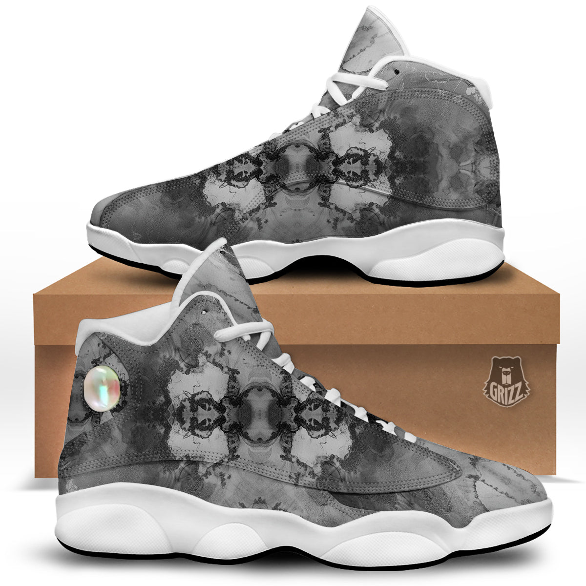 White And Dark Grey Marble Print Pattern White Basketball Shoes-grizzshop