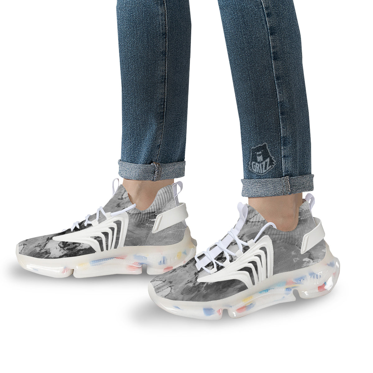White And Dark Grey Marble Print Pattern White Gym Shoes-grizzshop