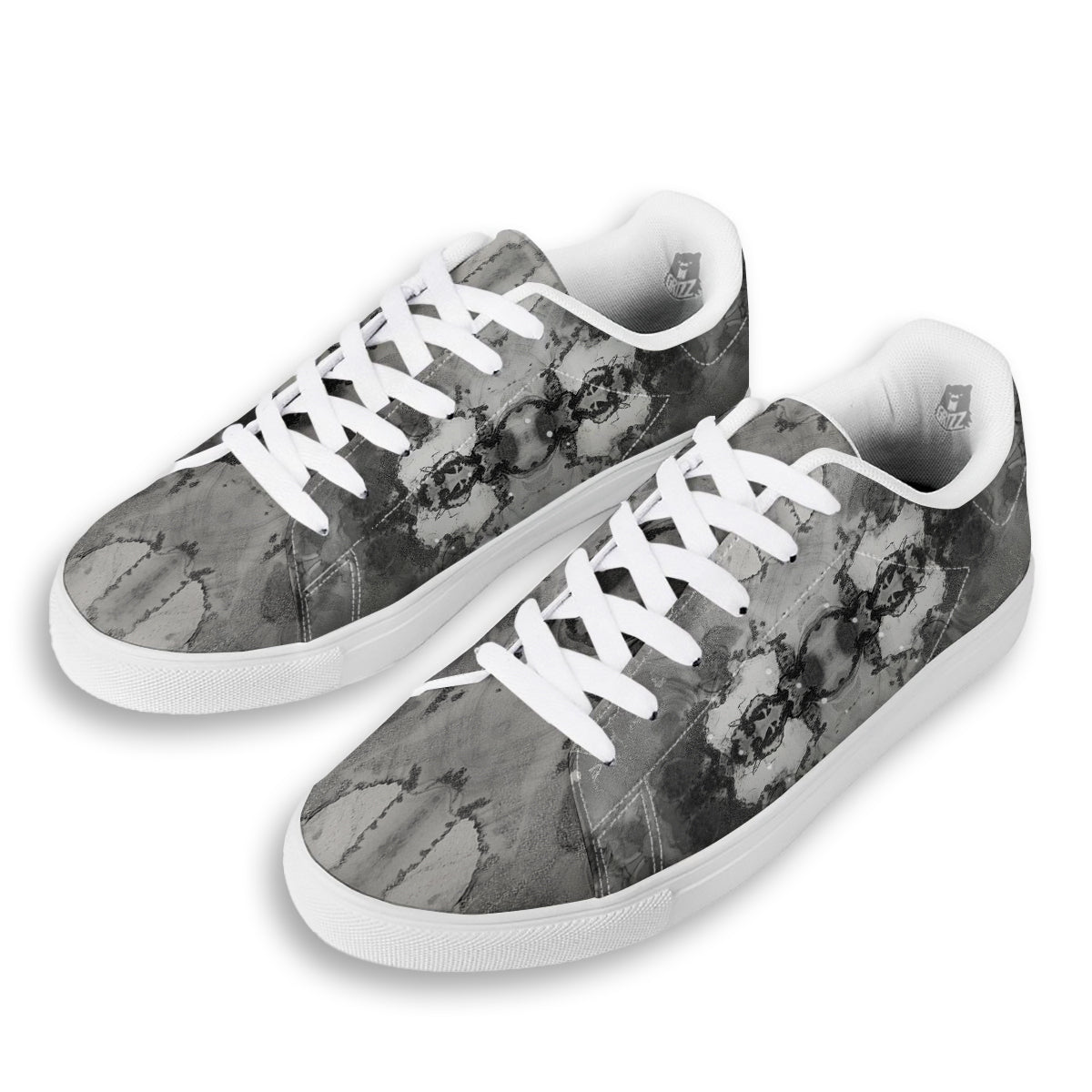White And Dark Grey Marble Print Pattern White Low Top Sneakers-grizzshop