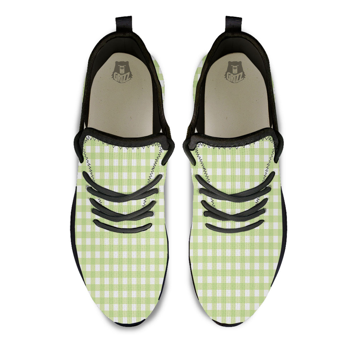 White And Green Check Print Pattern Black Athletic Shoes-grizzshop