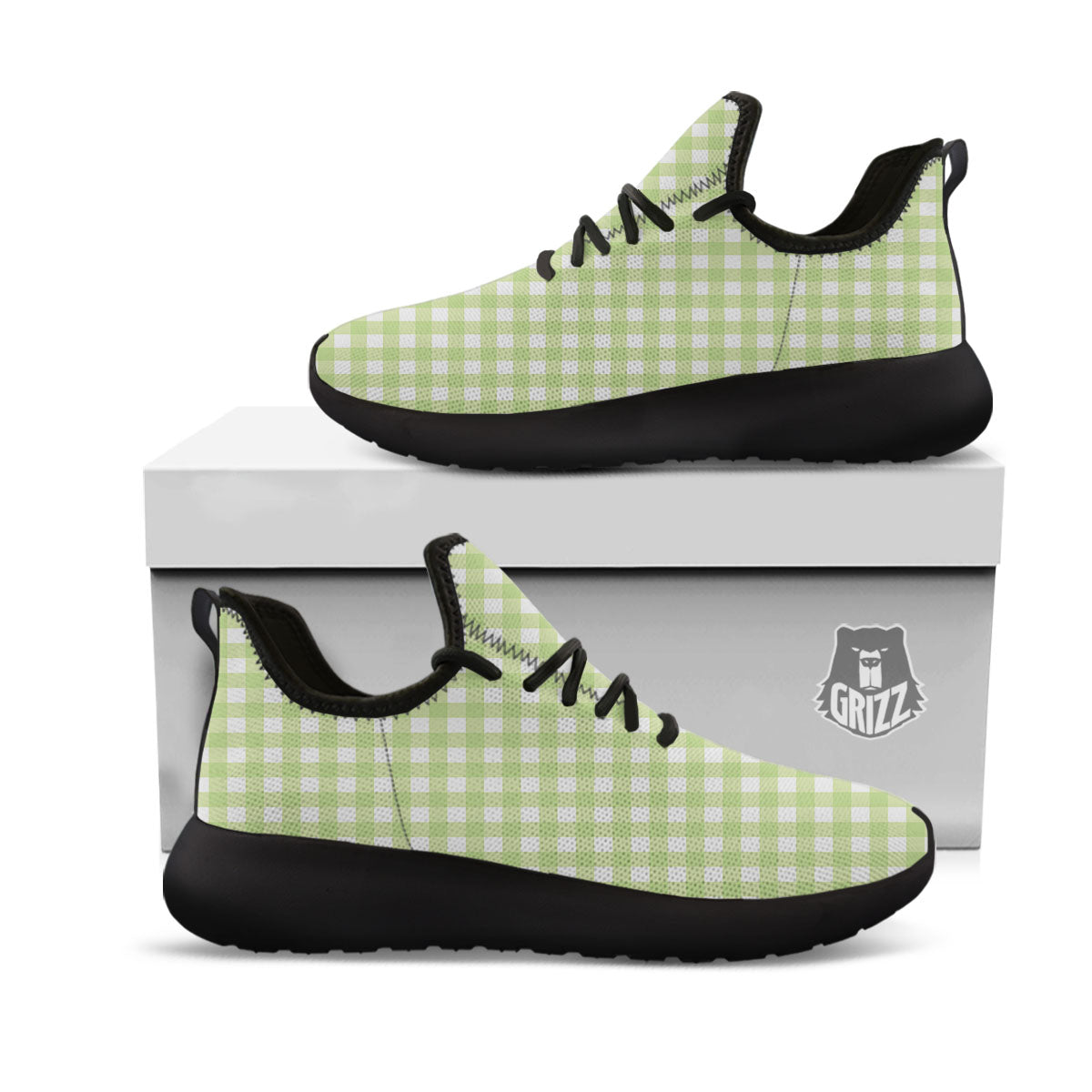 White And Green Check Print Pattern Black Athletic Shoes-grizzshop