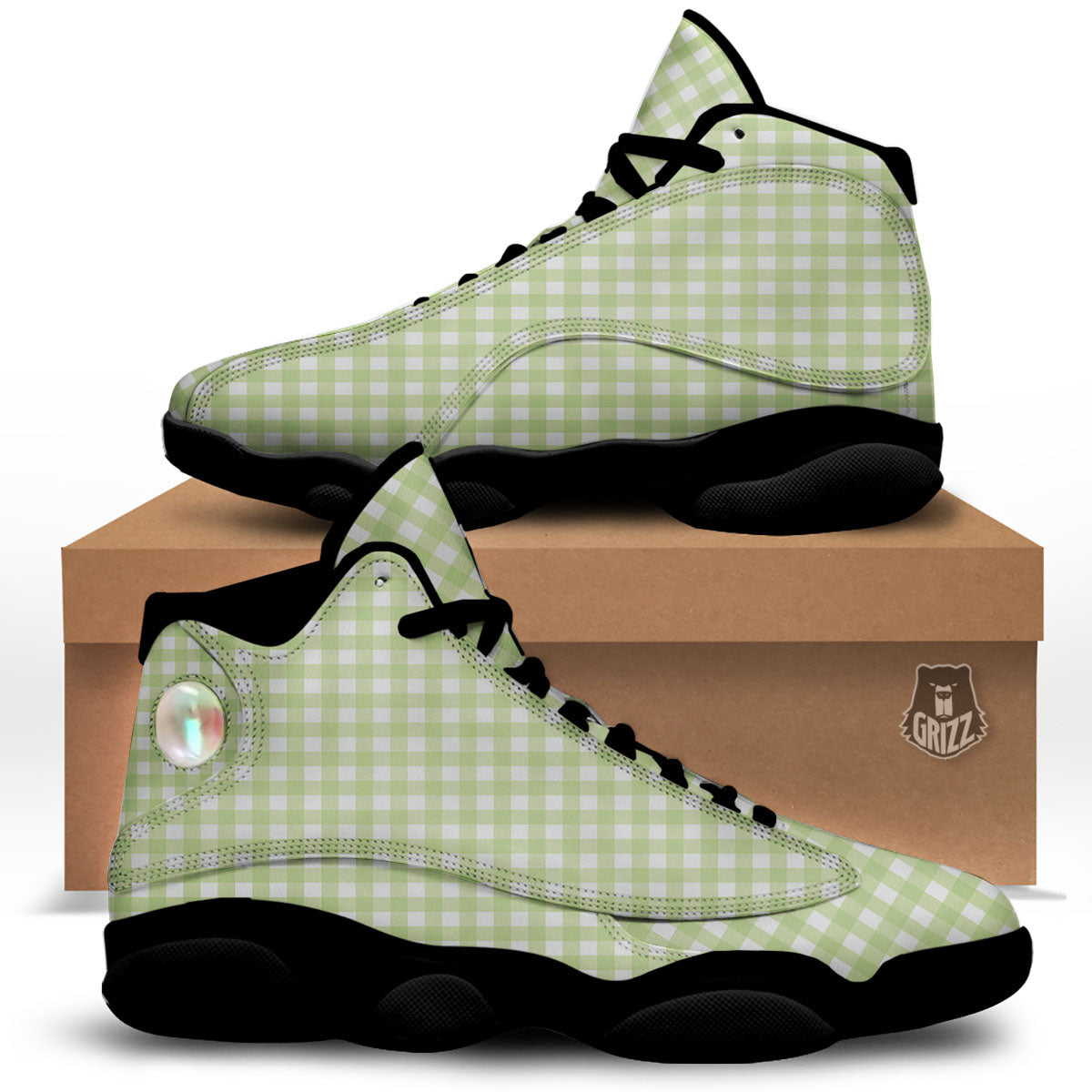 White And Green Check Print Pattern Black Basketball Shoes-grizzshop