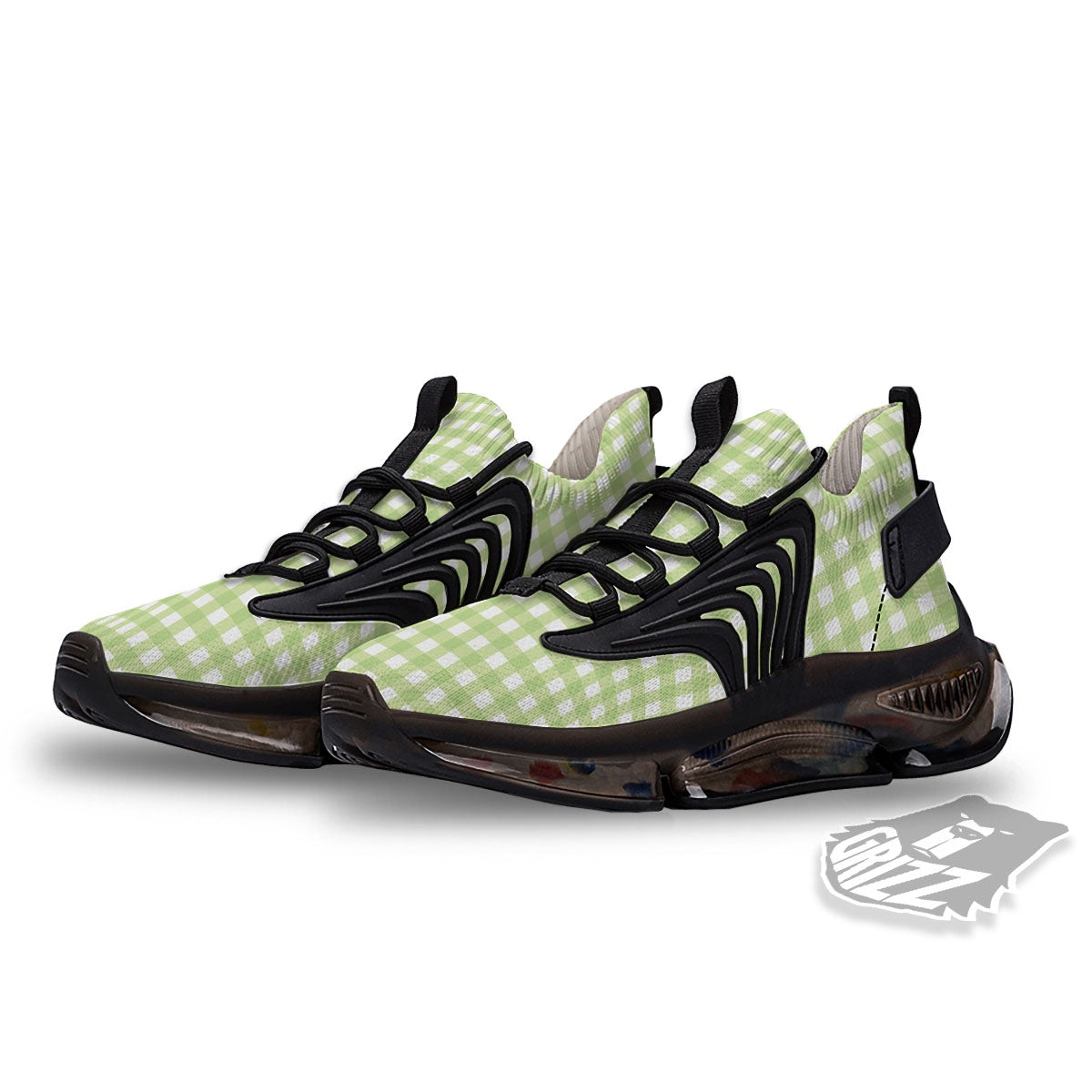 White And Green Check Print Pattern Black Gym Shoes-grizzshop