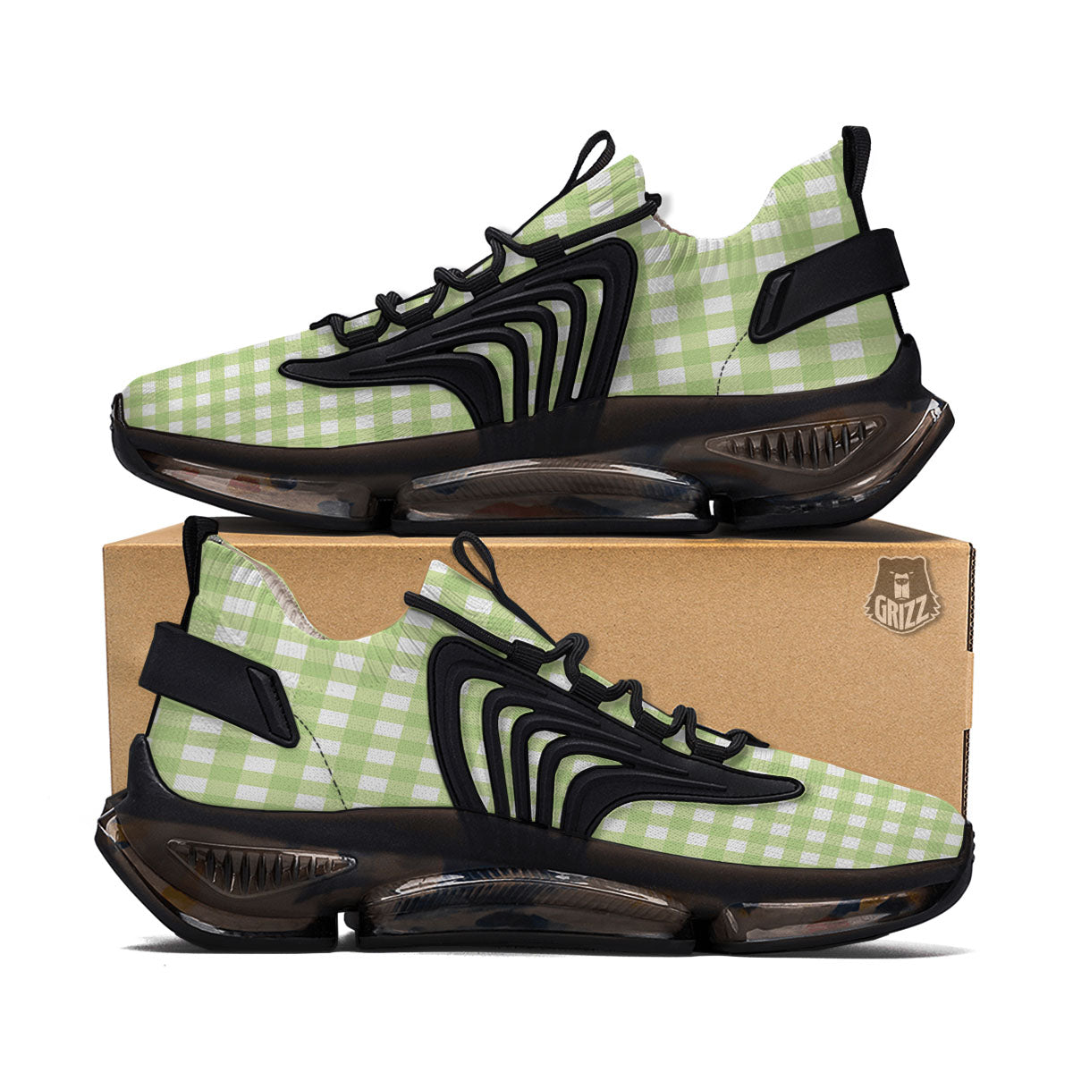 White And Green Check Print Pattern Black Gym Shoes-grizzshop