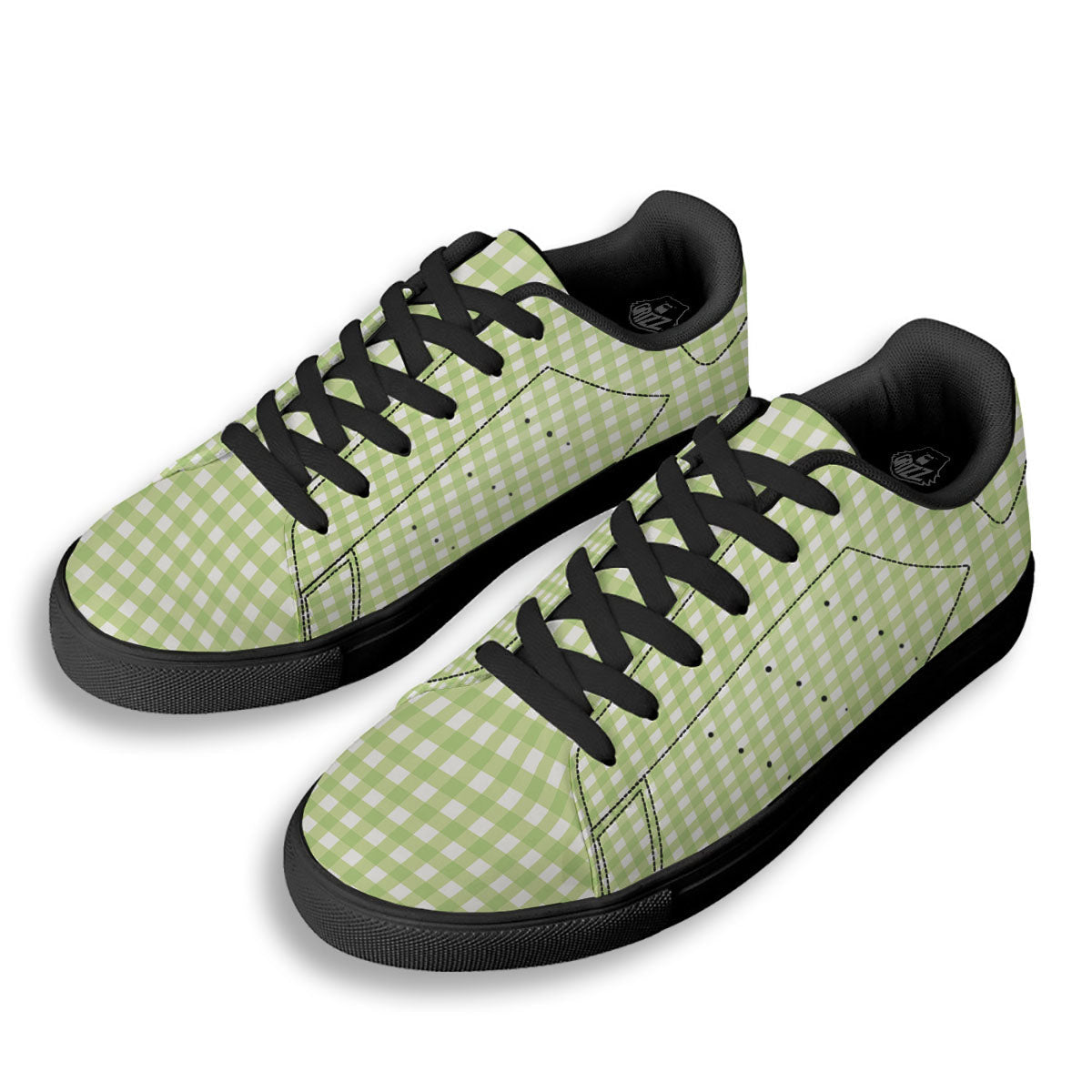 White And Green Check Print Pattern Black Low Top Sneakers-grizzshop