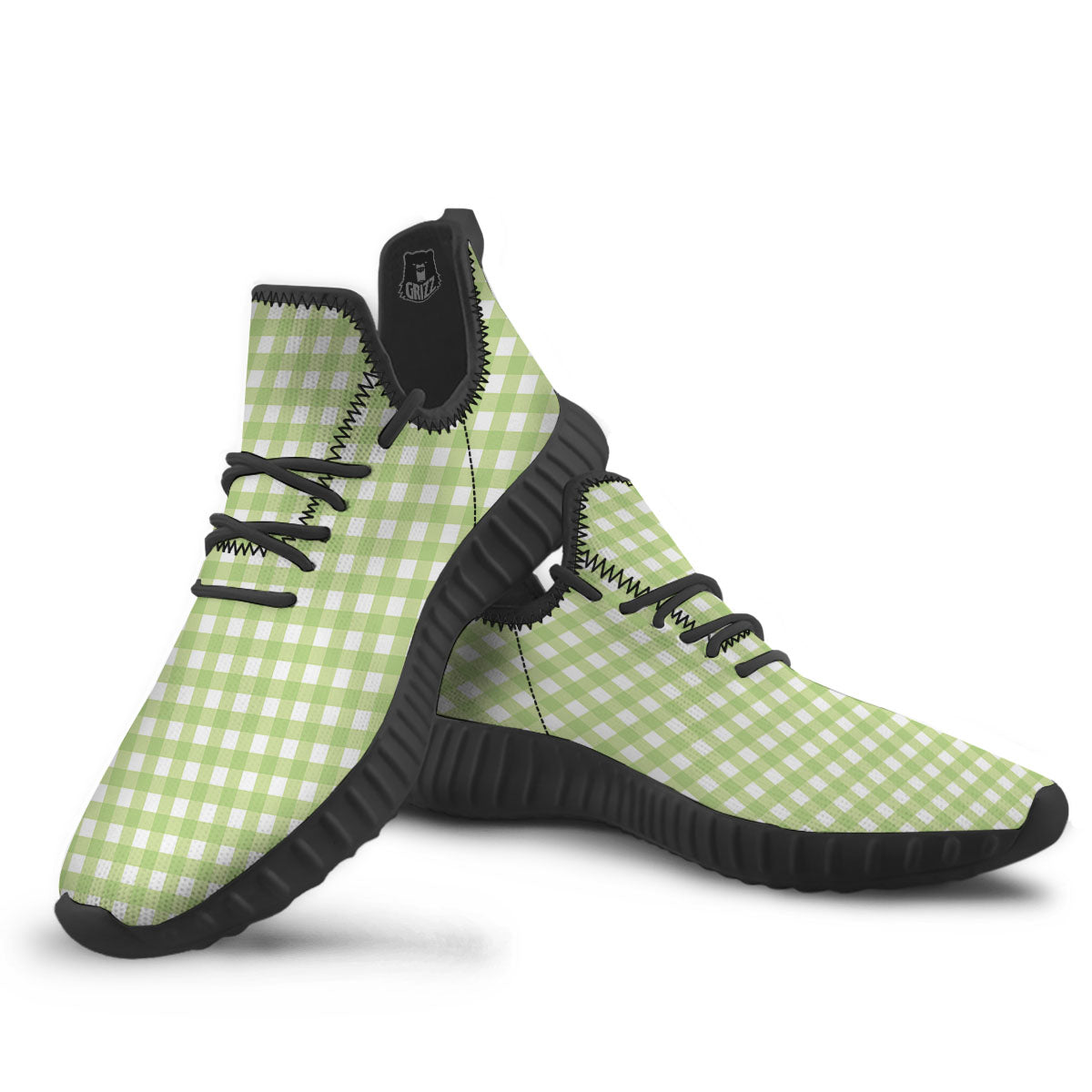 White And Green Check Print Pattern Black Walking Shoes-grizzshop