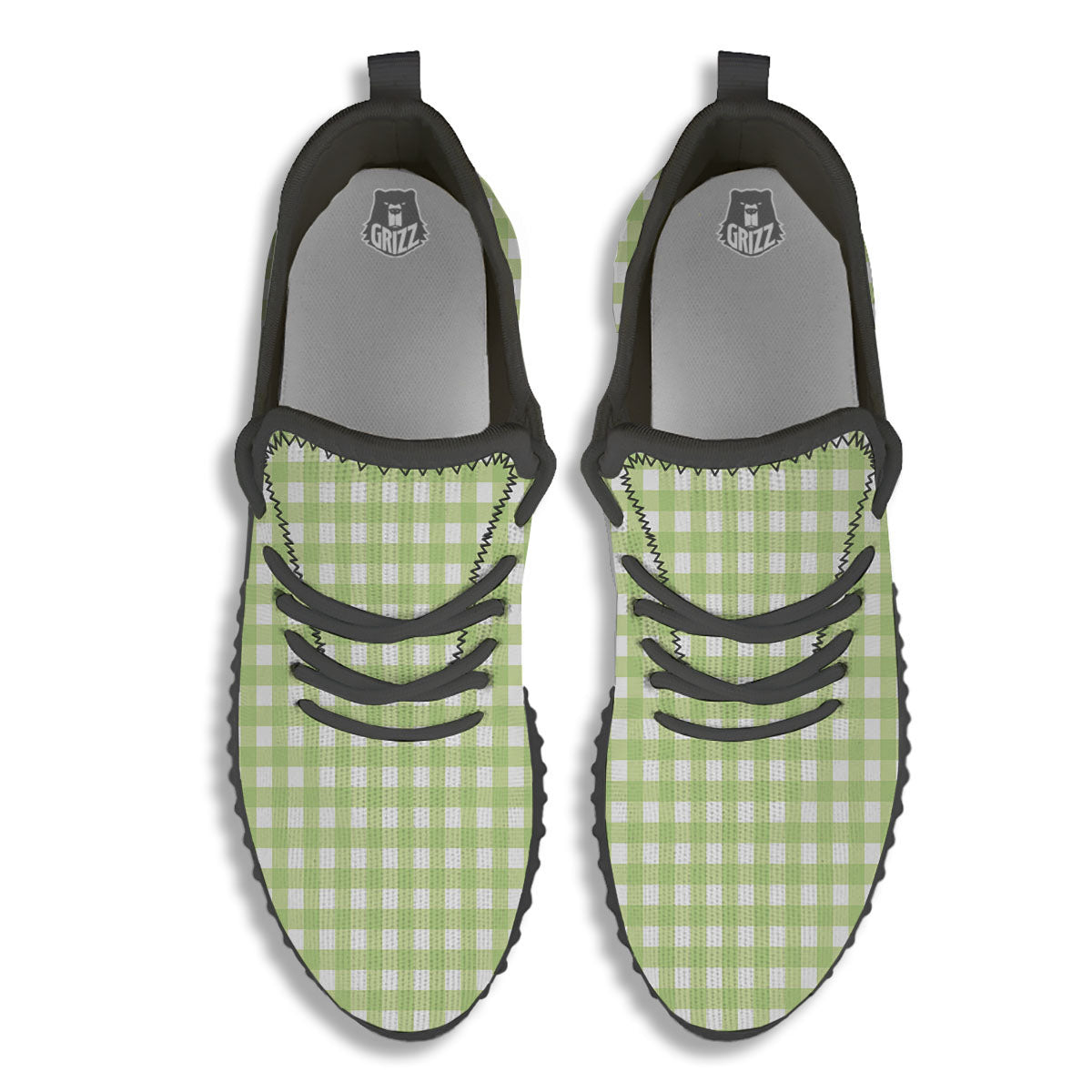 White And Green Check Print Pattern Black Walking Shoes-grizzshop