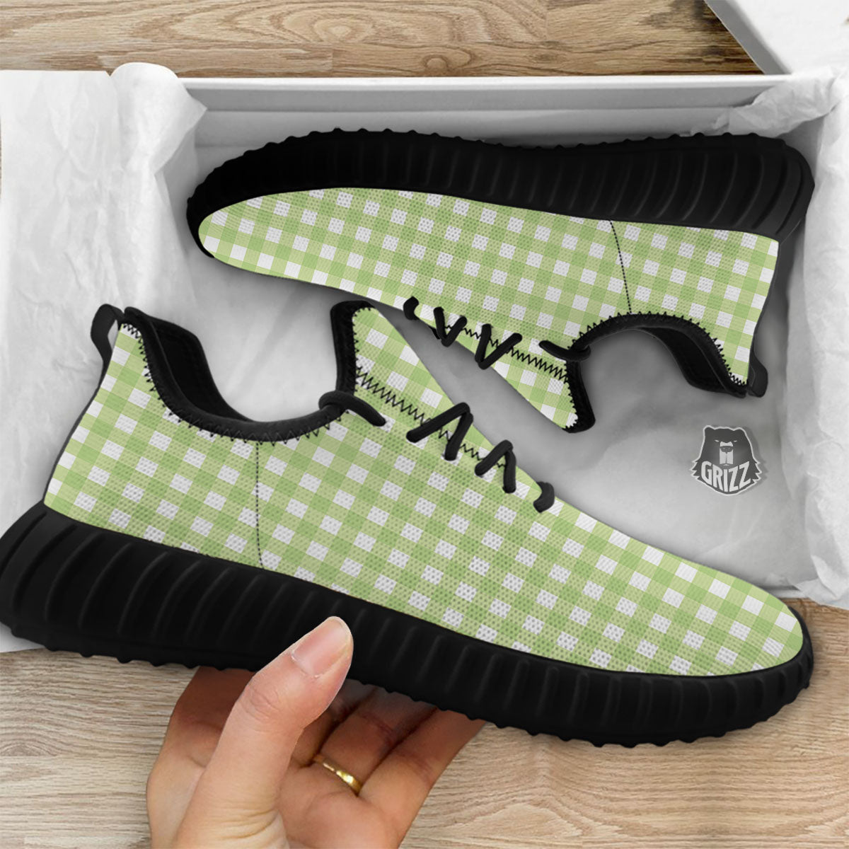 White And Green Check Print Pattern Black Walking Shoes-grizzshop