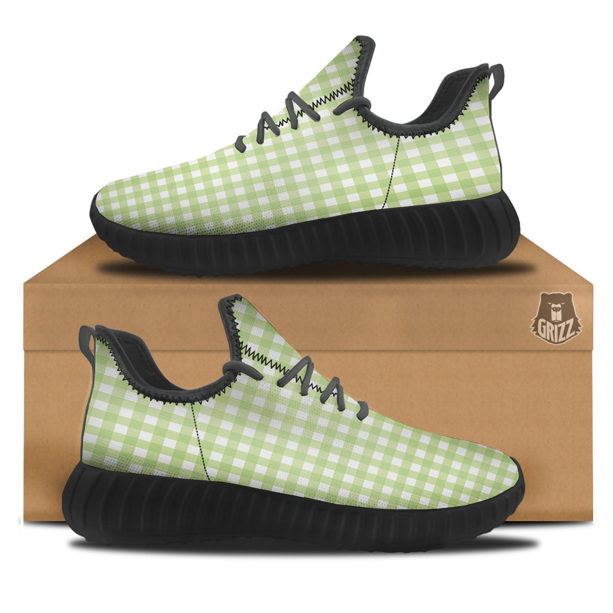 White And Green Check Print Pattern Black Walking Shoes-grizzshop