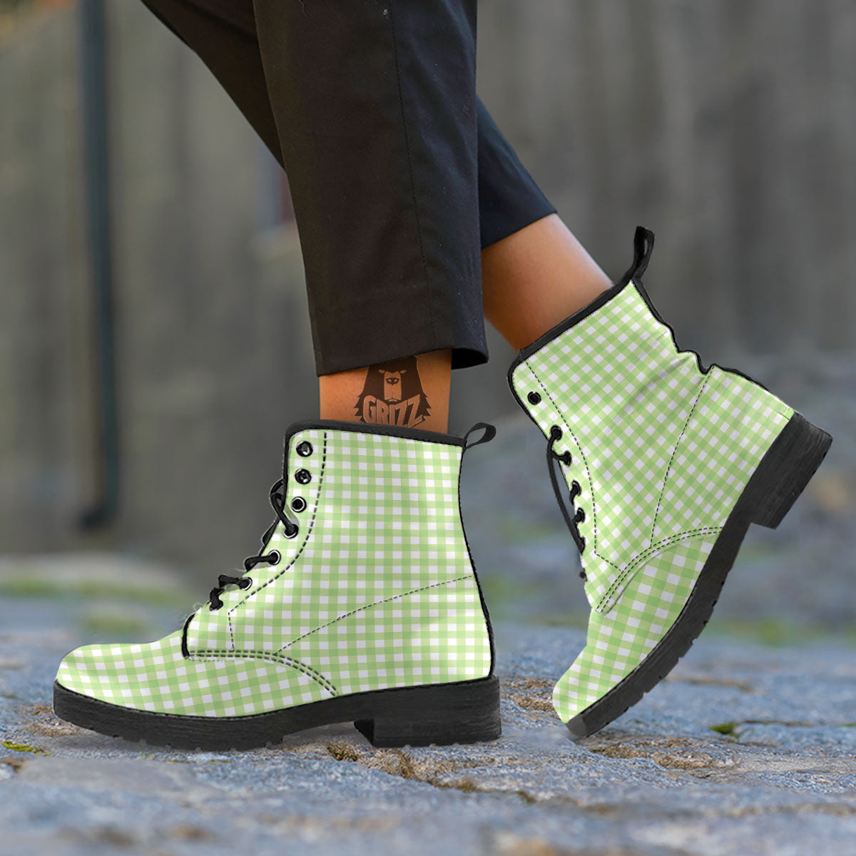 White And Green Check Print Pattern Leather Boots-grizzshop