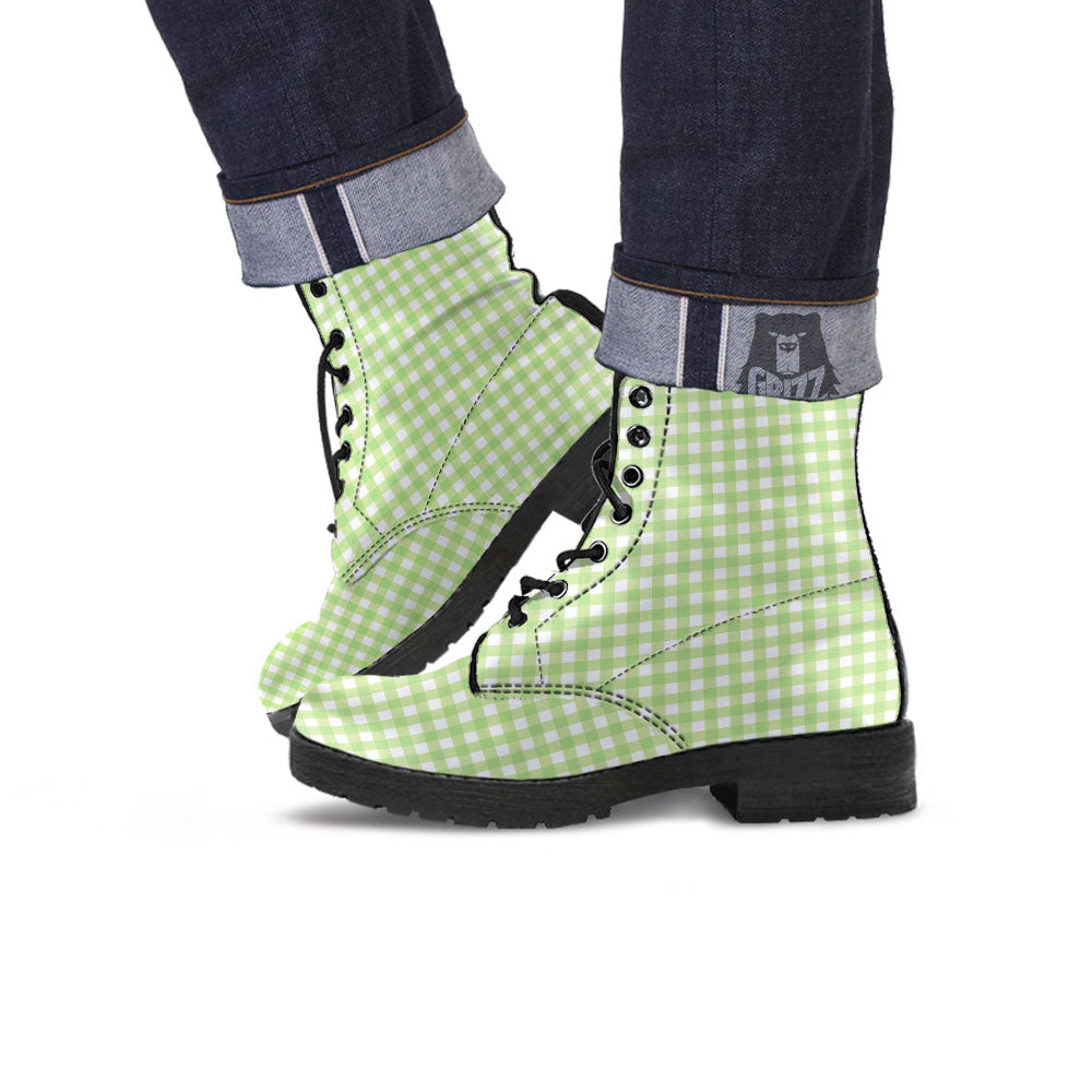 White And Green Check Print Pattern Leather Boots-grizzshop