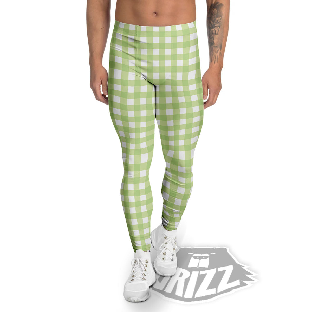 White And Green Check Print Pattern Men's Leggings-grizzshop