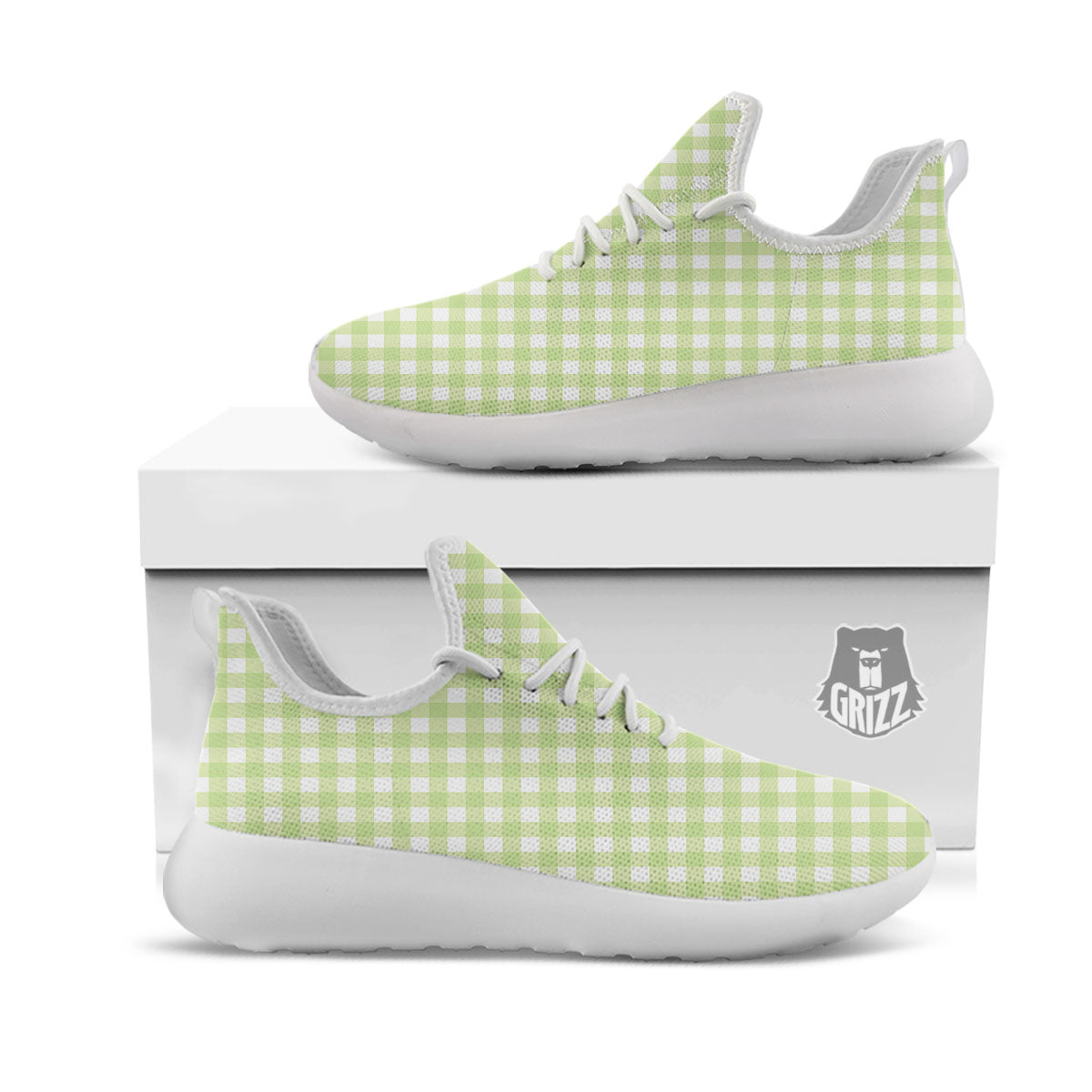 White And Green Check Print Pattern White Athletic Shoes-grizzshop