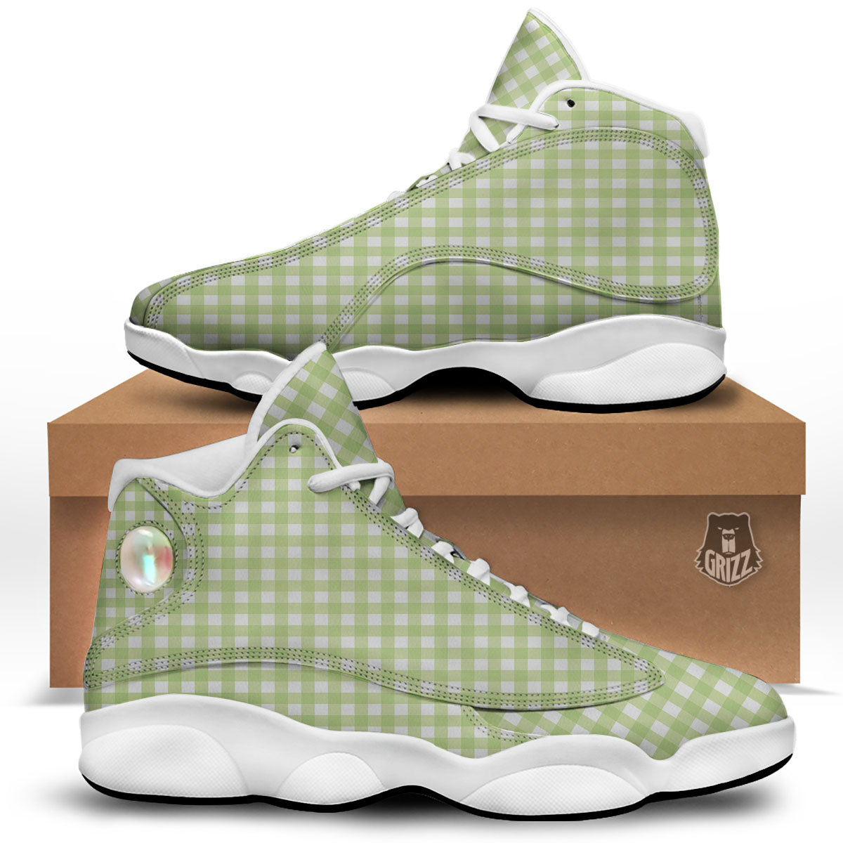 White And Green Check Print Pattern White Basketball Shoes-grizzshop