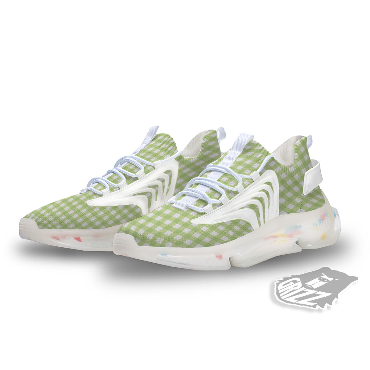 White And Green Check Print Pattern White Gym Shoes-grizzshop