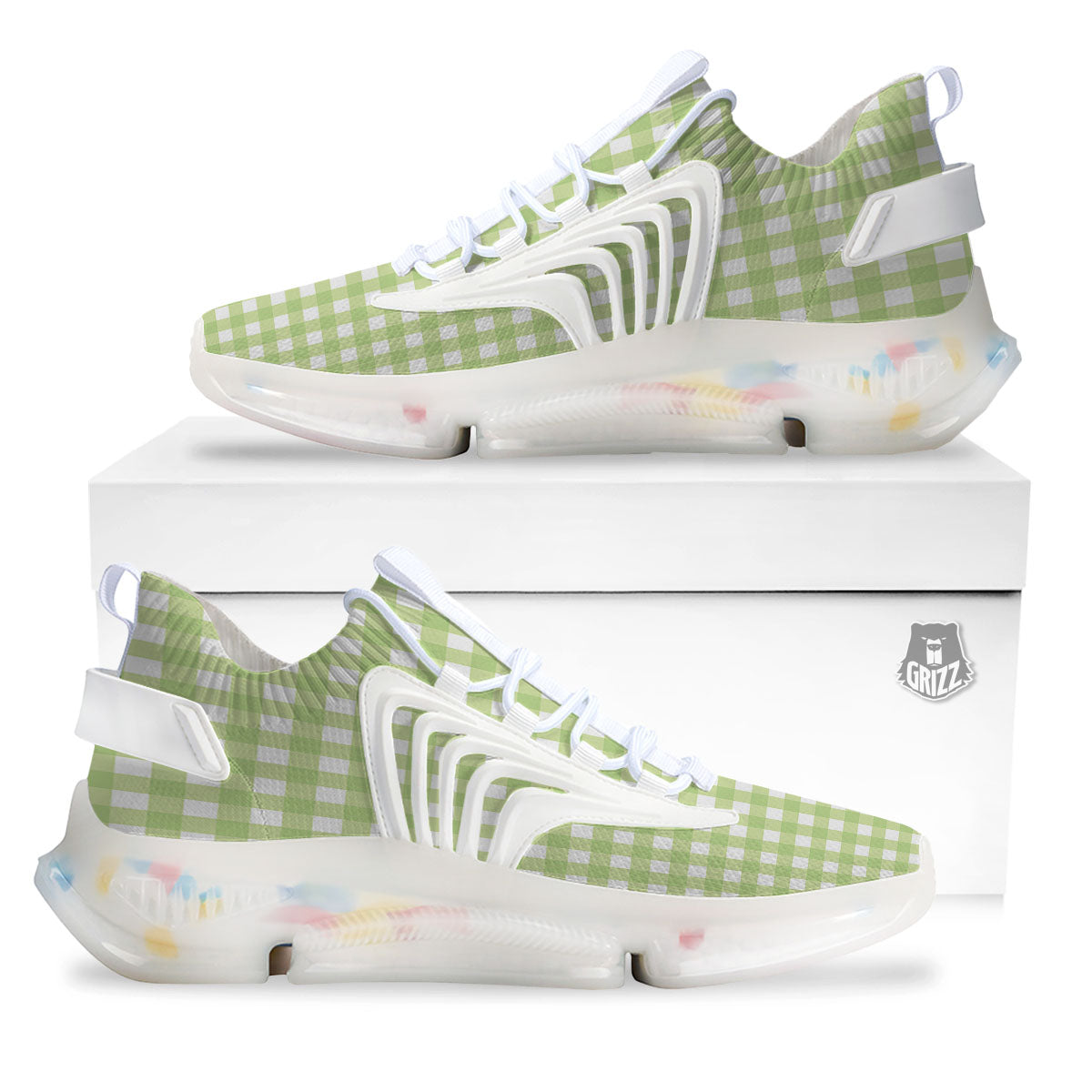 White And Green Check Print Pattern White Gym Shoes-grizzshop