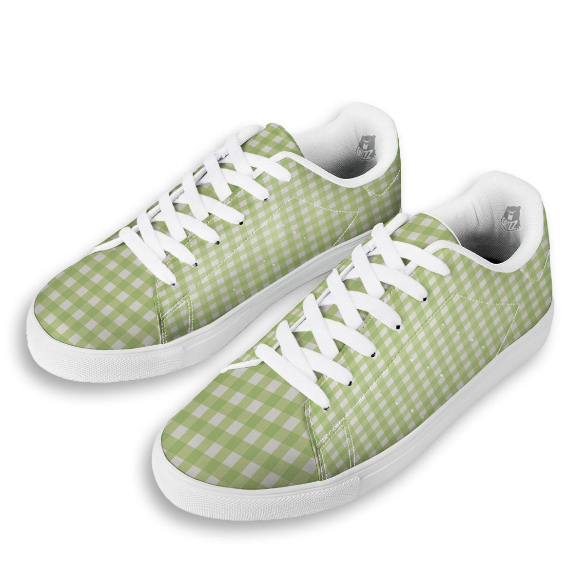 White And Green Check Print Pattern White Low Top Sneakers-grizzshop