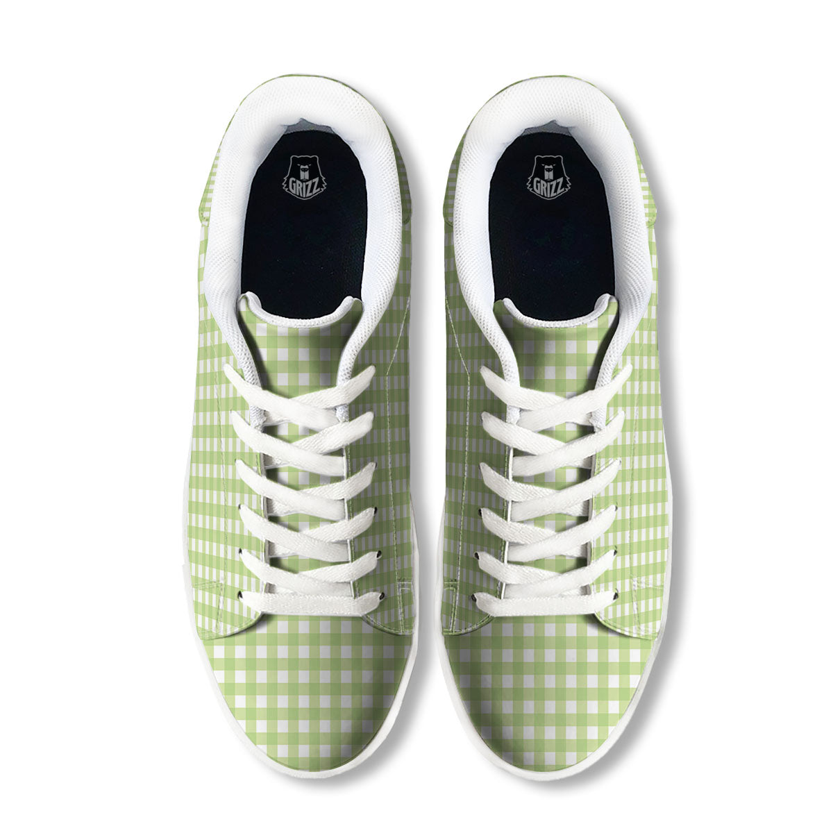 White And Green Check Print Pattern White Low Top Sneakers-grizzshop
