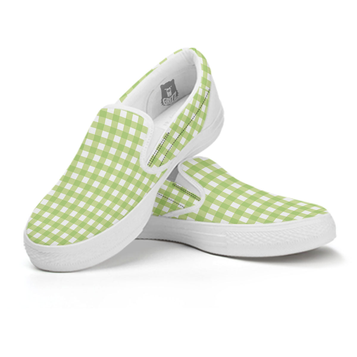 White And Green Check Print Pattern White Slip On Shoes-grizzshop