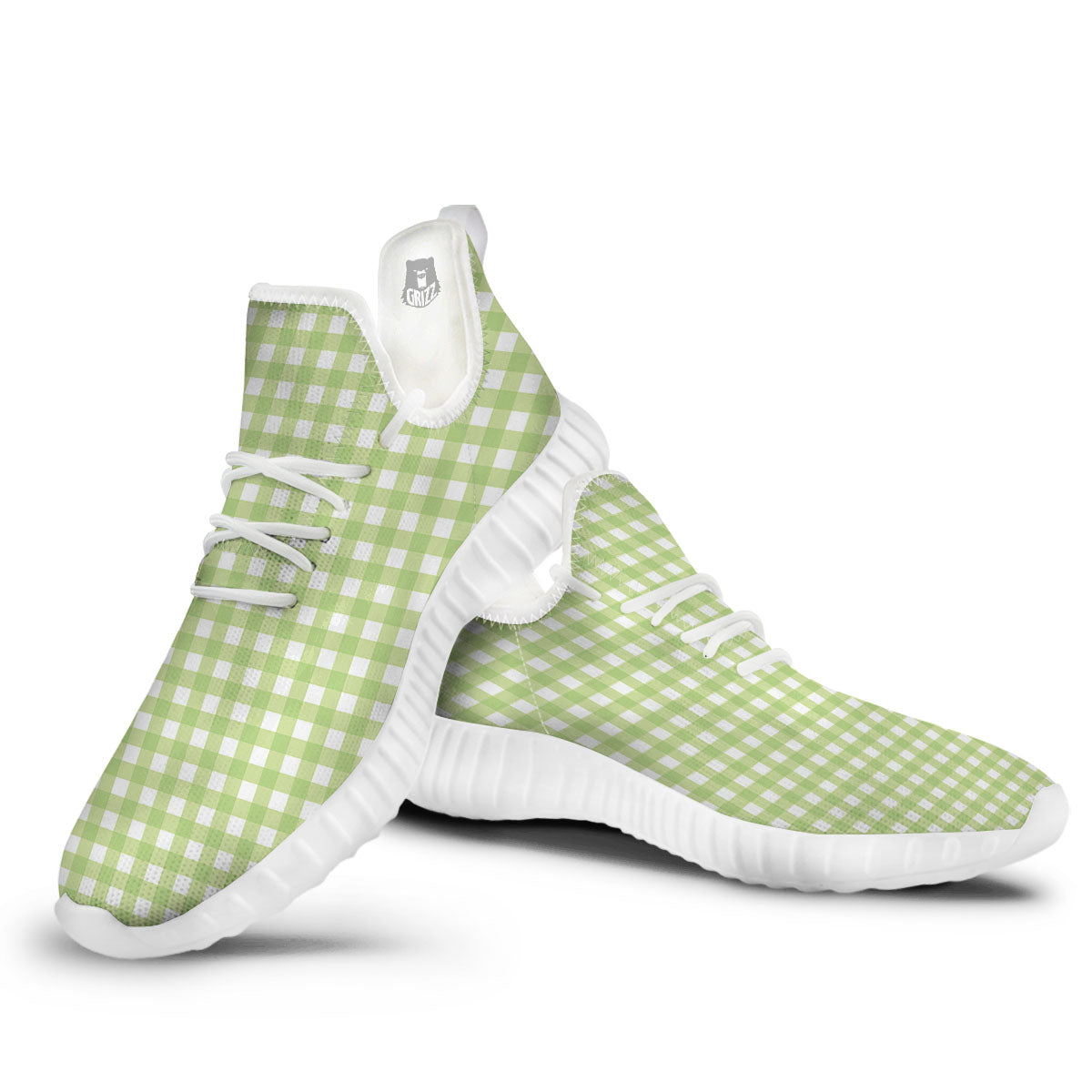 White And Green Check Print Pattern White Walking Shoes-grizzshop