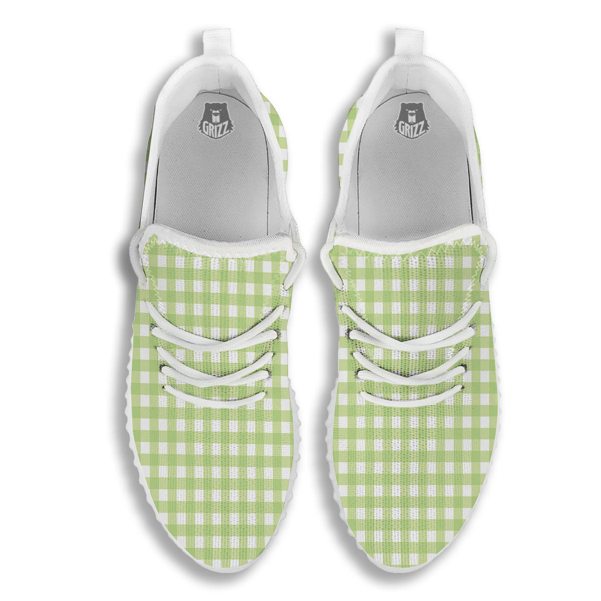 White And Green Check Print Pattern White Walking Shoes-grizzshop