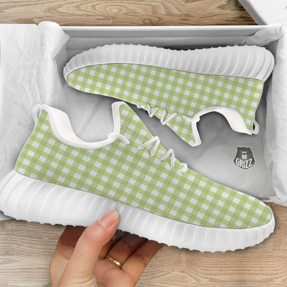 White And Green Check Print Pattern White Walking Shoes-grizzshop