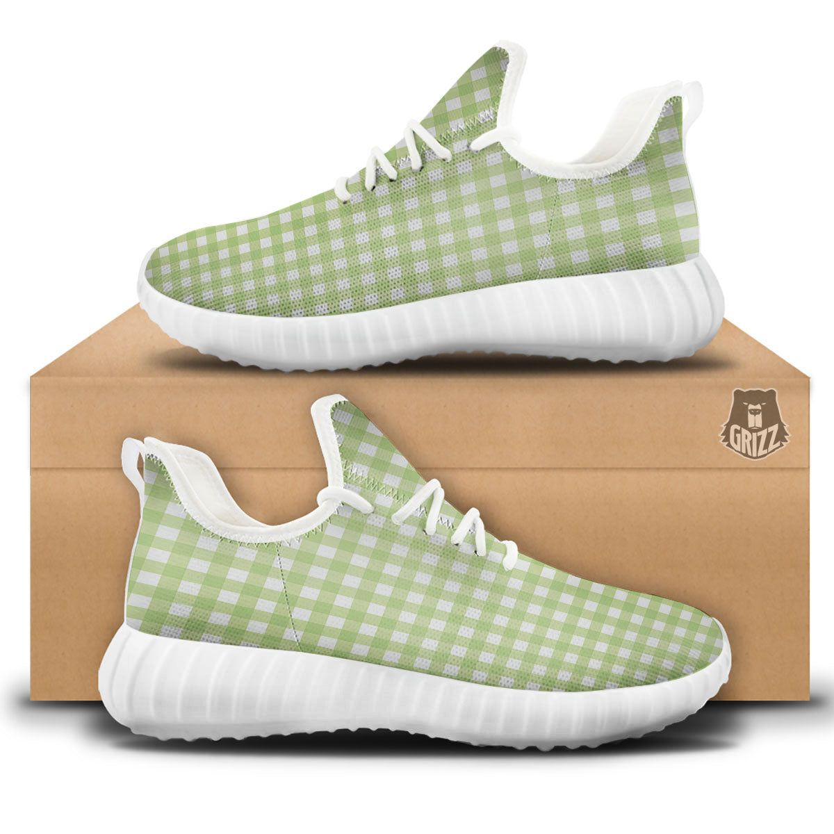White And Green Check Print Pattern White Walking Shoes-grizzshop