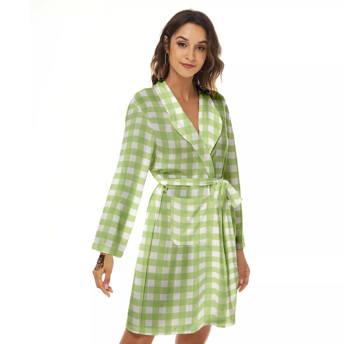 White And Green Check Print Pattern Women's Robe-grizzshop