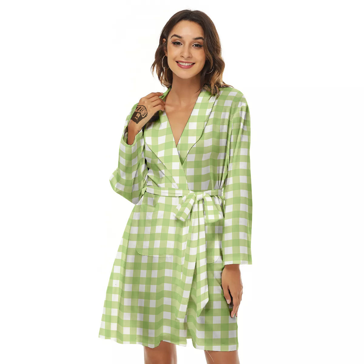 White And Green Check Print Pattern Women's Robe-grizzshop
