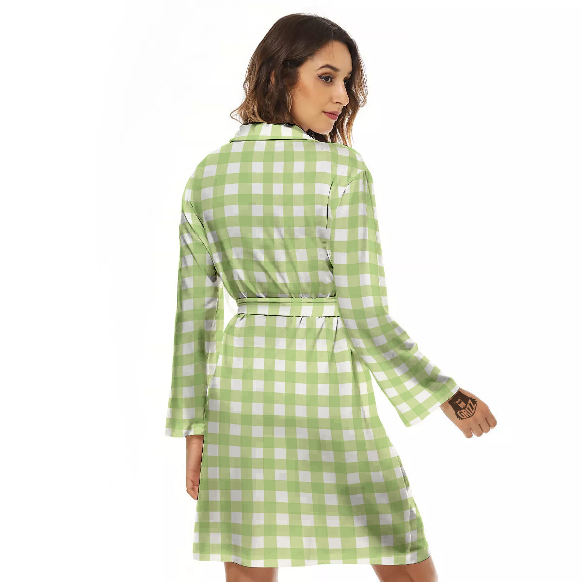 White And Green Check Print Pattern Women's Robe-grizzshop