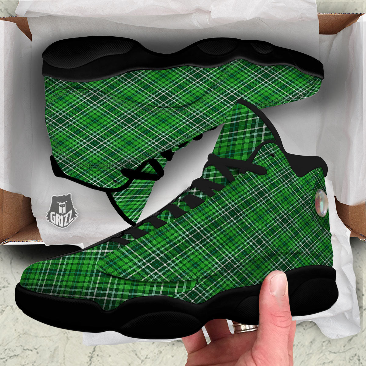 White And Green Plaid Print Pattern Black Basketball Shoes-grizzshop